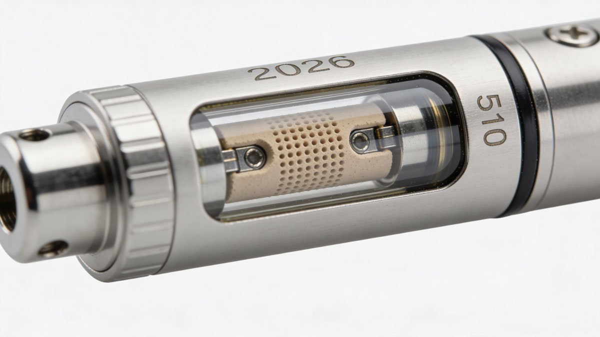 A detailed close-up of a 2026 model refillable 510 cartridge designed for thick oils, showing the ceramic heating element.