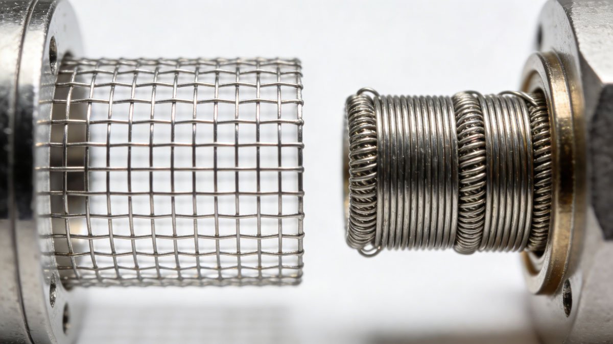 A detailed close-up of various vape coils, showing the difference between a mesh grid and a traditional wrapped wire coil.
