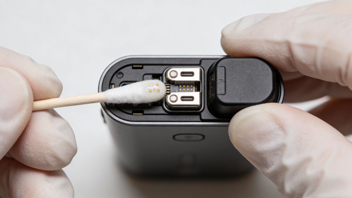 A detailed image showing hands using a cotton swab to clean the electronic contacts on a pod system device for better connectivity.