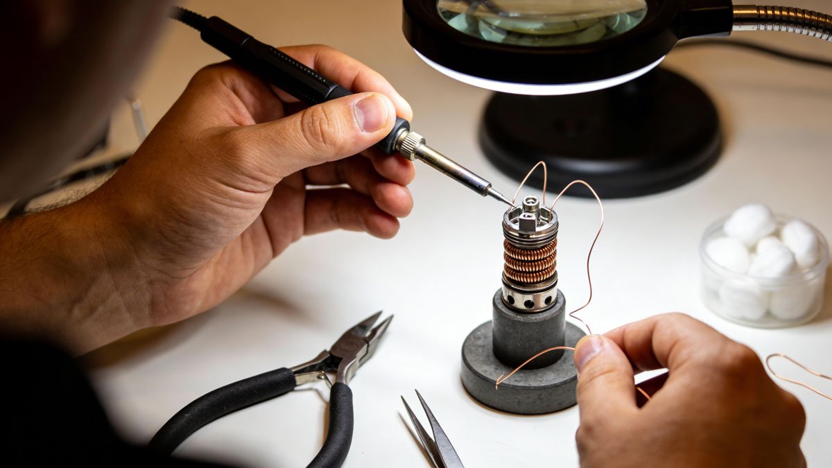 A detailed view of a person's hands using tools to build a custom DIY vape coil for a rebuildable atomizer.