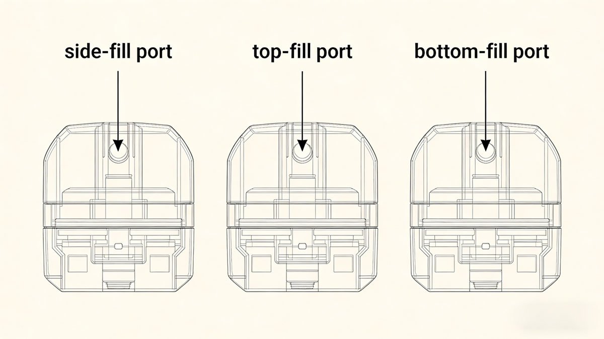 A diagram showing three types of vape pods with arrows pointing to a side-fill port, a top-fill port, and a bottom-fill port.