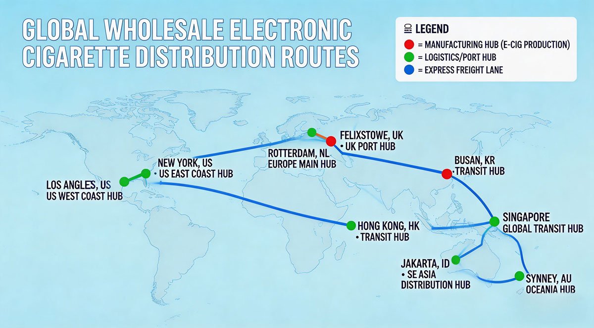 A digital map graphic showing global shipping routes for wholesale vape distribution, highlighting major ports and fast freight delivery paths.