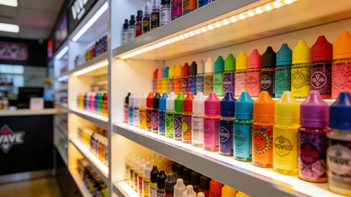 A diverse collection of colorful e-liquid bottles arranged neatly on display shelves in a vape shop.