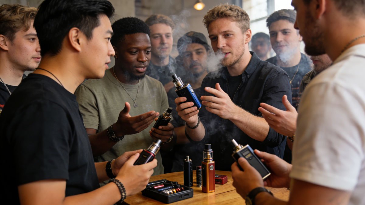 A diverse group of vapers discussing their favorite vape mods at a social gathering.