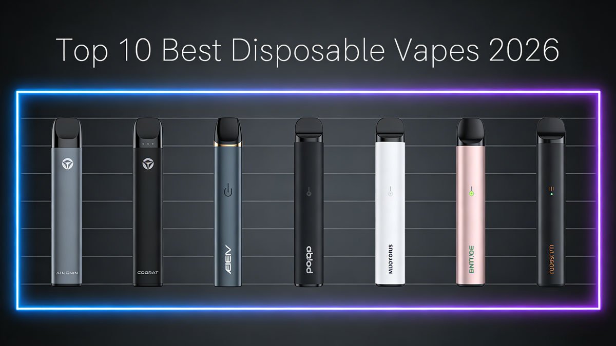 A futuristic, sleek display of the top 10 best disposable vapes of 2026 arranged on a minimalist, dark gray background with subtle neon lighting accents.