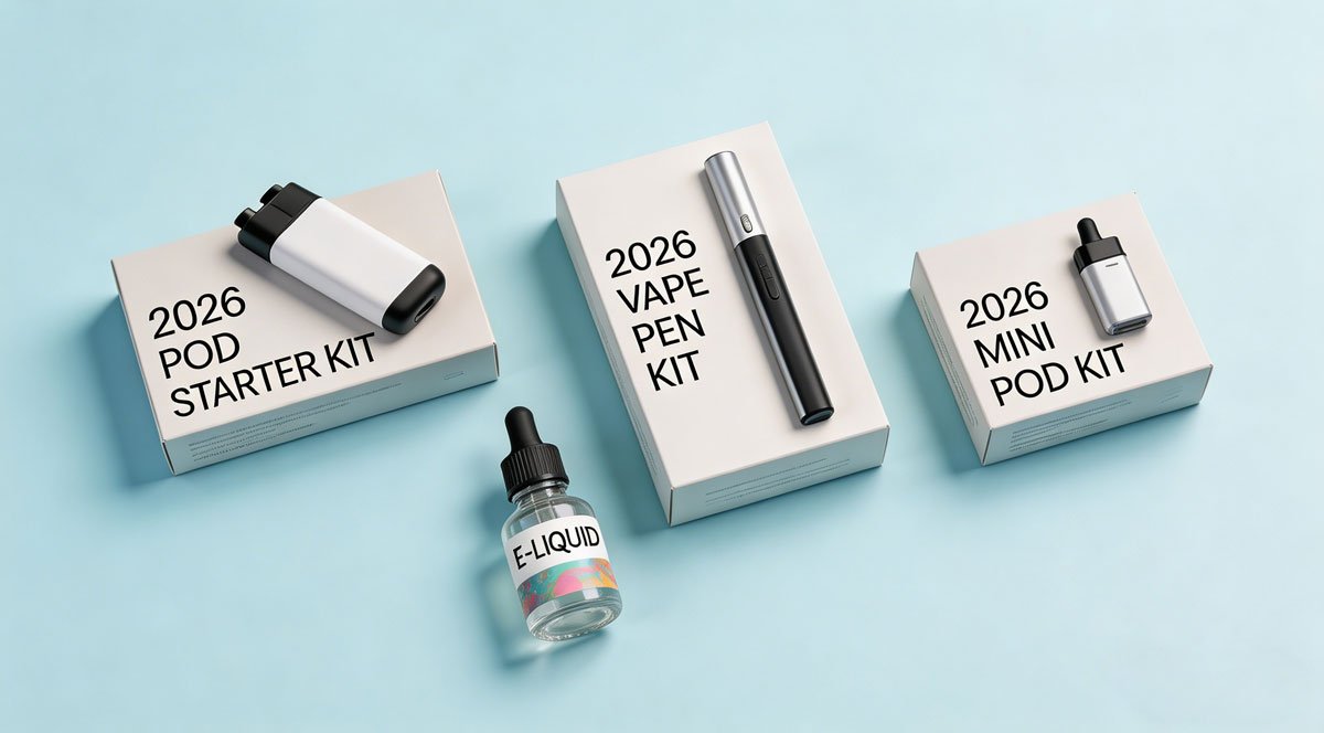 A high-quality, modern flat lay of various 2026 vape starter kits, including pod systems and vape pens, arranged neatly on a clean pastel background with a bottle of e-liquid.