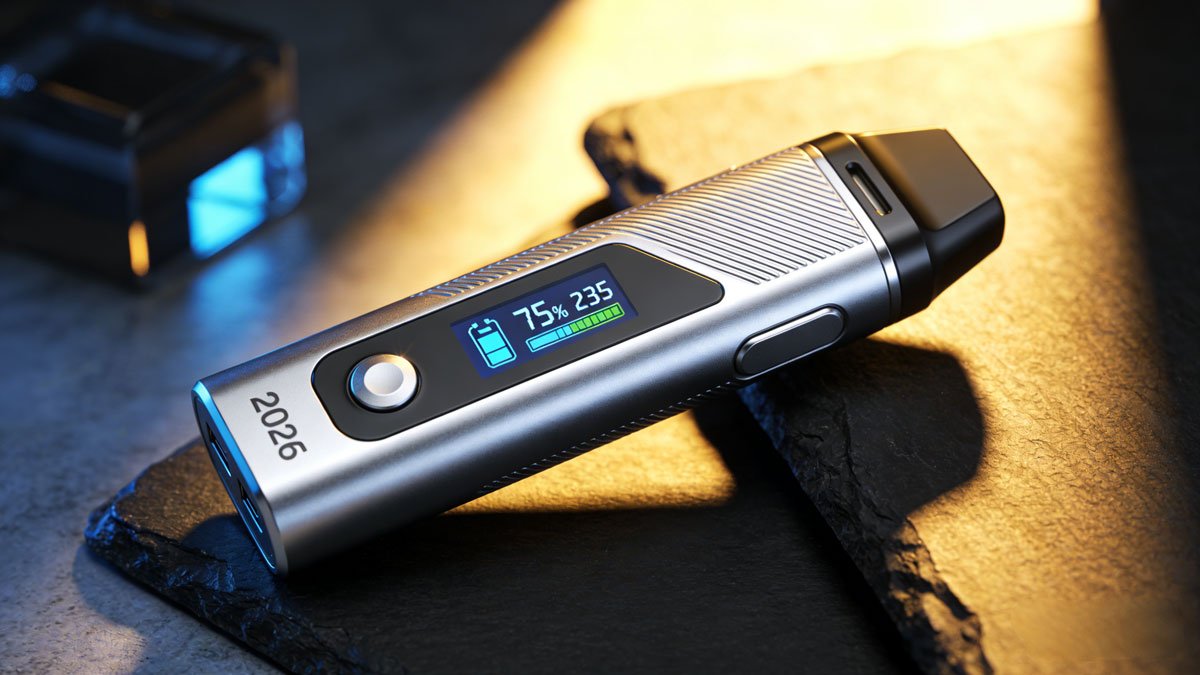 A high-tech 2026 vape device with a digital display showing battery life and puff count, resting on a dark slate surface with dramatic lighting, photorealistic.