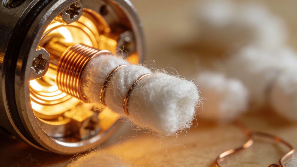 A macro shot of a glowing vape coil with clean, white organic cotton wicked through it, showcasing the intricate details of the heating element.