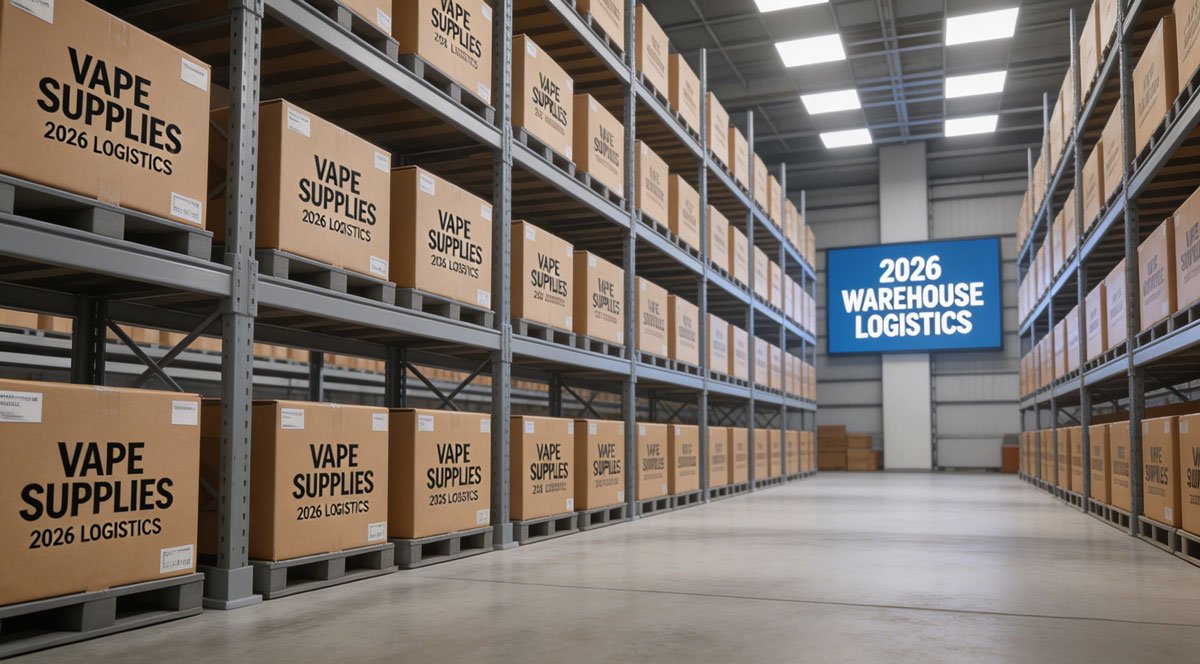 A modern warehouse interior showing neatly stacked boxes of bulk vape supplies on industrial shelving, brightly lit, 2026 logistics style.
