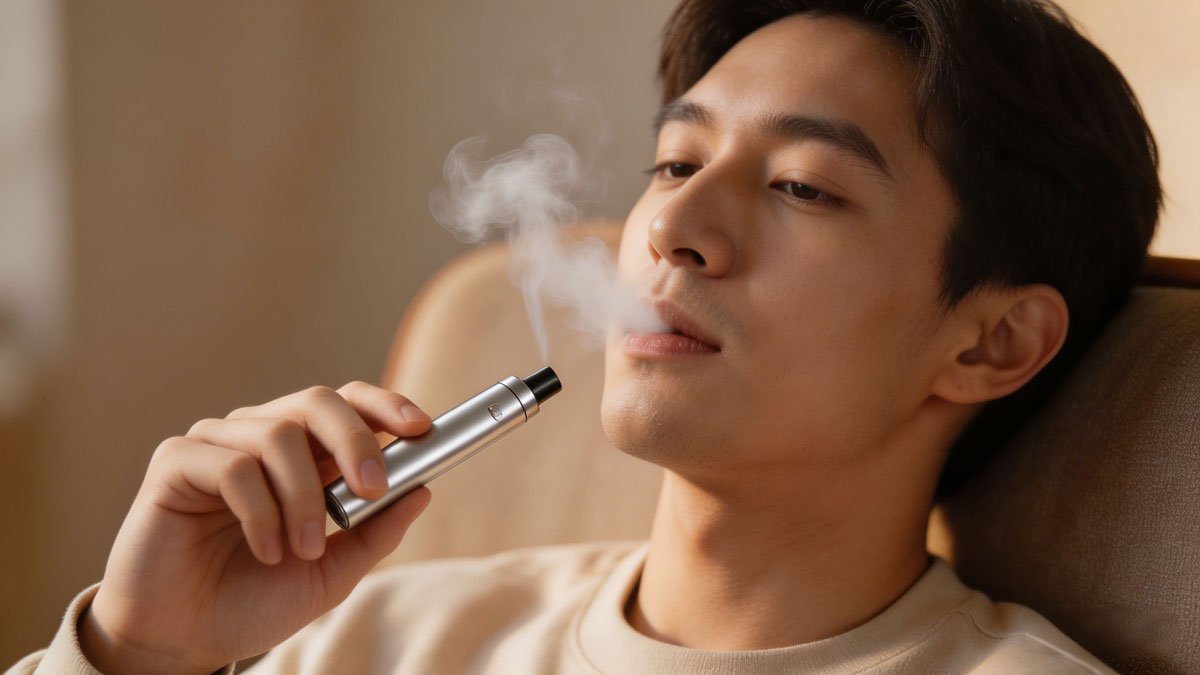 A person comfortably using a sleek vape pen device, exhaling a small, smooth cloud of vapor
