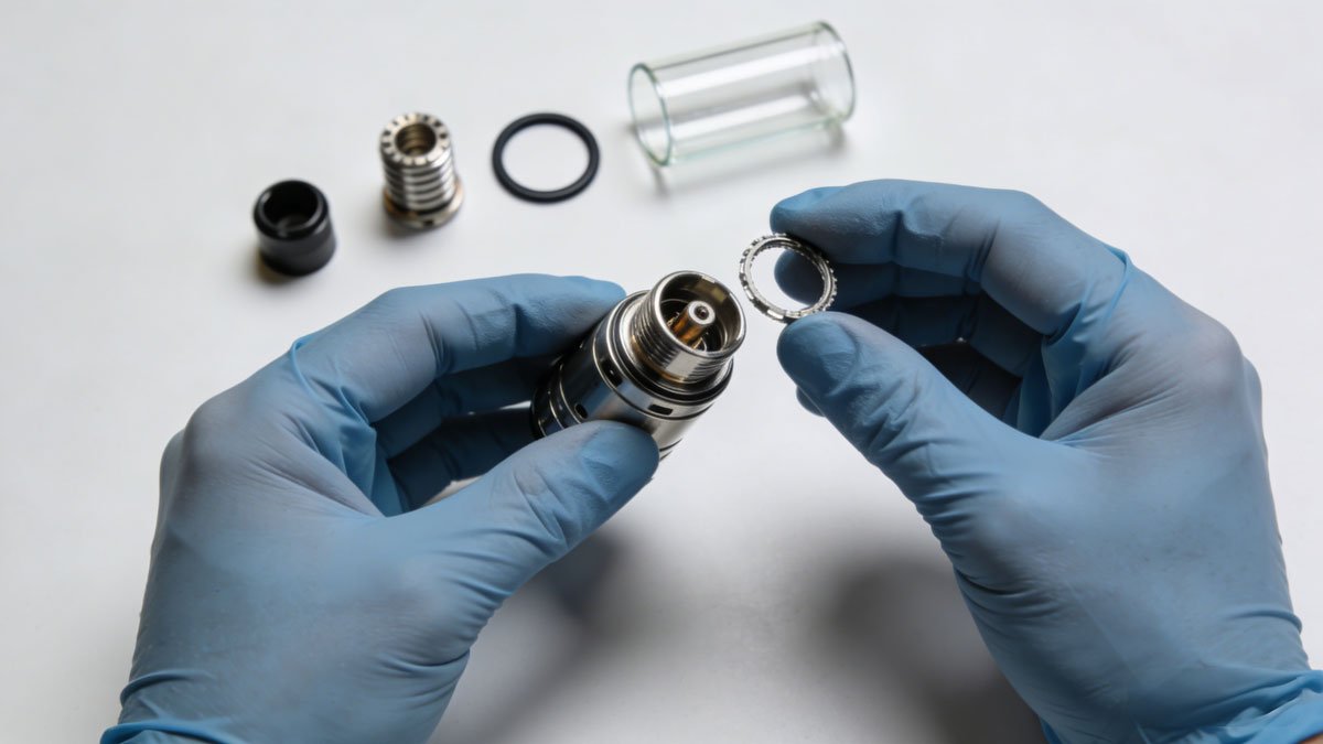 A person performing maintenance on a vape tank, with components laid out neatly on a clean surface.