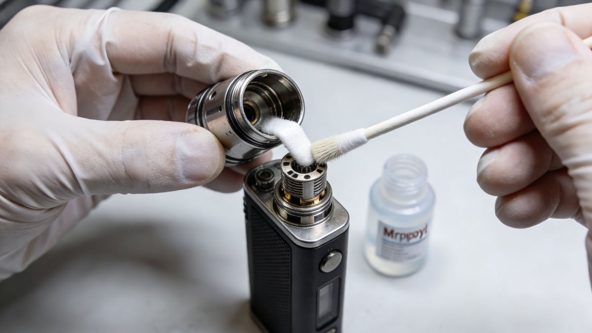 A person performing vape maintenance, cleaning the tank and coil of their device.