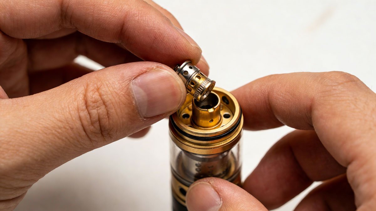 A person's hands carefully installing a new vape coil into the base of a vape tank, demonstrating proper maintenance.