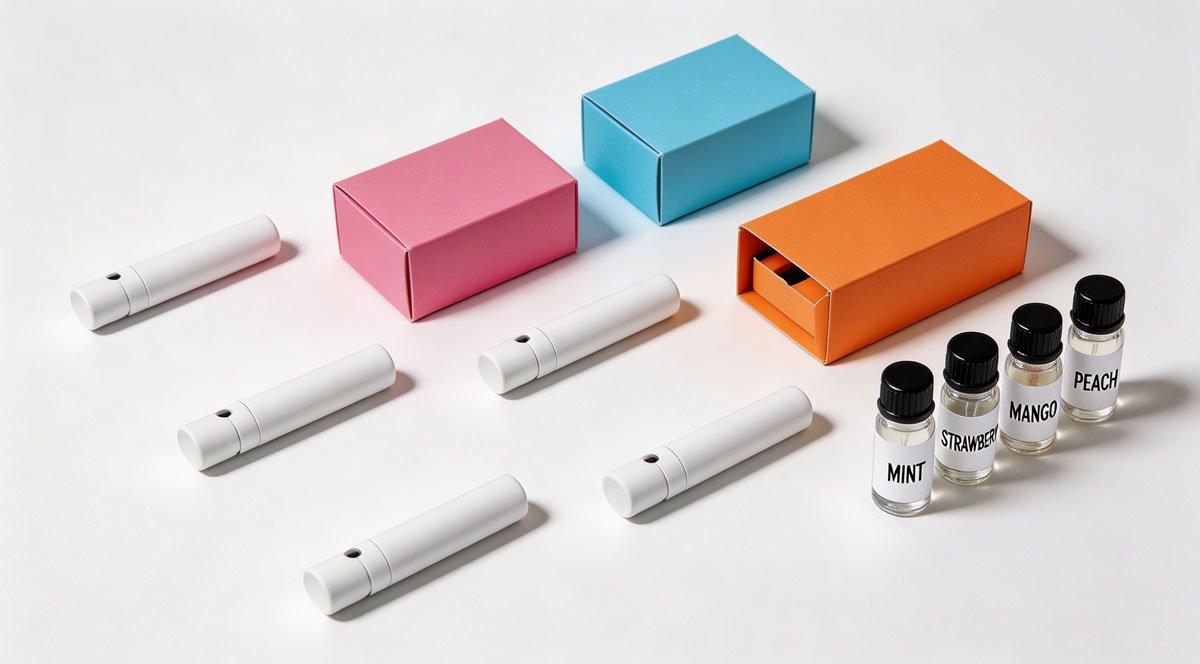 A professional flat lay of various unbranded white-label disposable vapes next to colorful packaging prototypes and flavor ingredient vials.