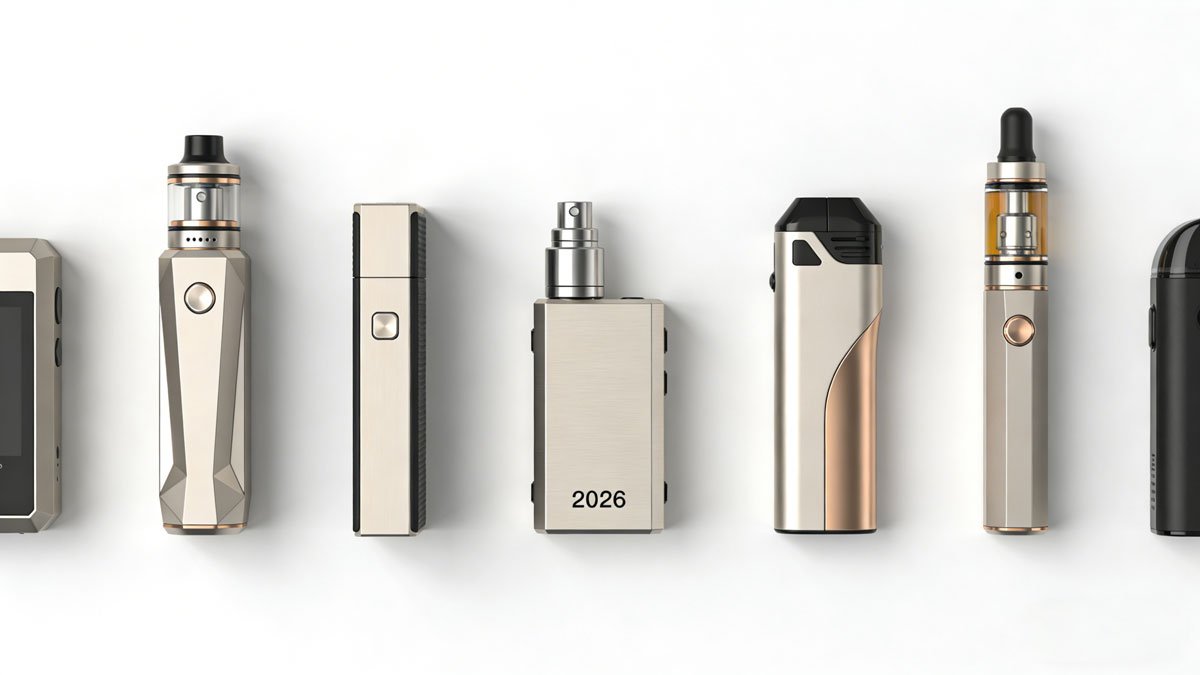 A sleek display of various 2026 vape mods, including a box mod, a pod system, and a squonk mod, arranged on a modern, minimalist background.