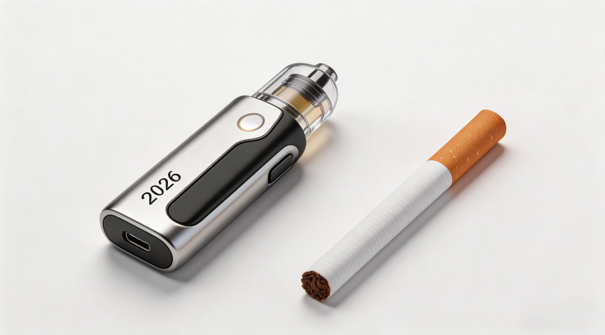 A sleek, modern 2026 pod vape device resting next to a traditional cigarette, highlighting the contrast between clean vapor technology and combustible tobacco.