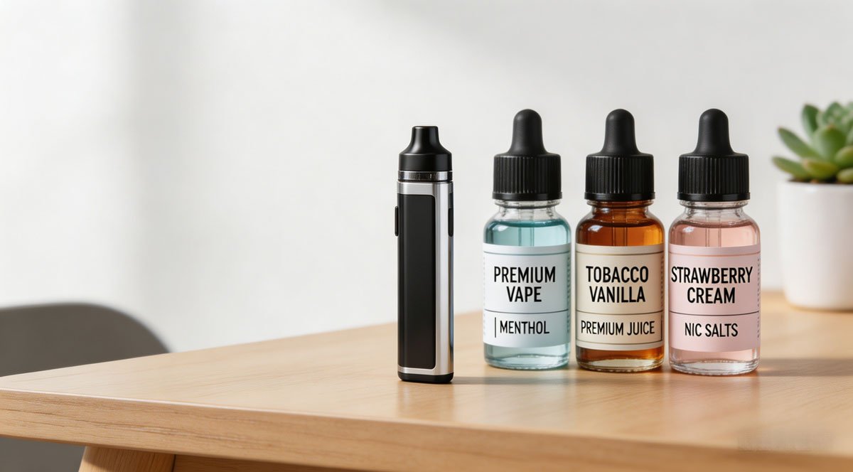 A sleek, modern refillable vape pod system sitting on a clean desk next to premium e-liquid bottles