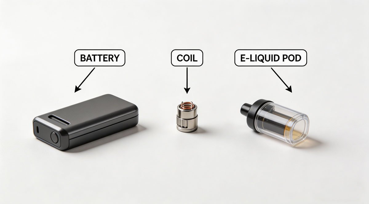 A sleek, modern vape device disassembled on a clean white background, showing the battery, coil, and e-liquid pod components clearly labeled.