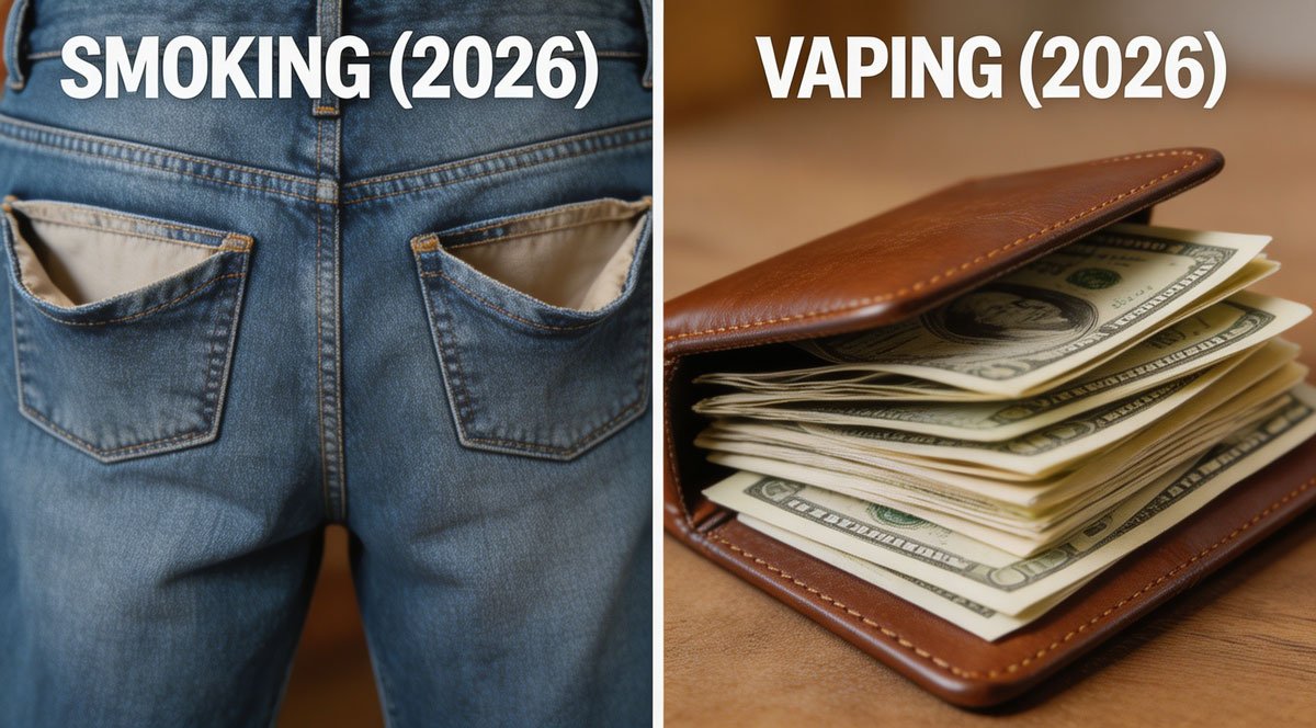 A split-screen graphic showing a wallet full of cash on the vaping side, and empty pockets on the smoking side, highlighting the financial benefits of switching to vaping in 2026.