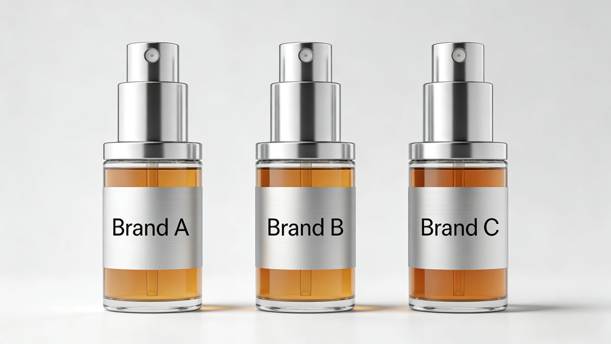A stylized lineup of three sophisticated e-liquid bottles labeled Brand A, Brand B, and Brand C, against a clean, modern background.