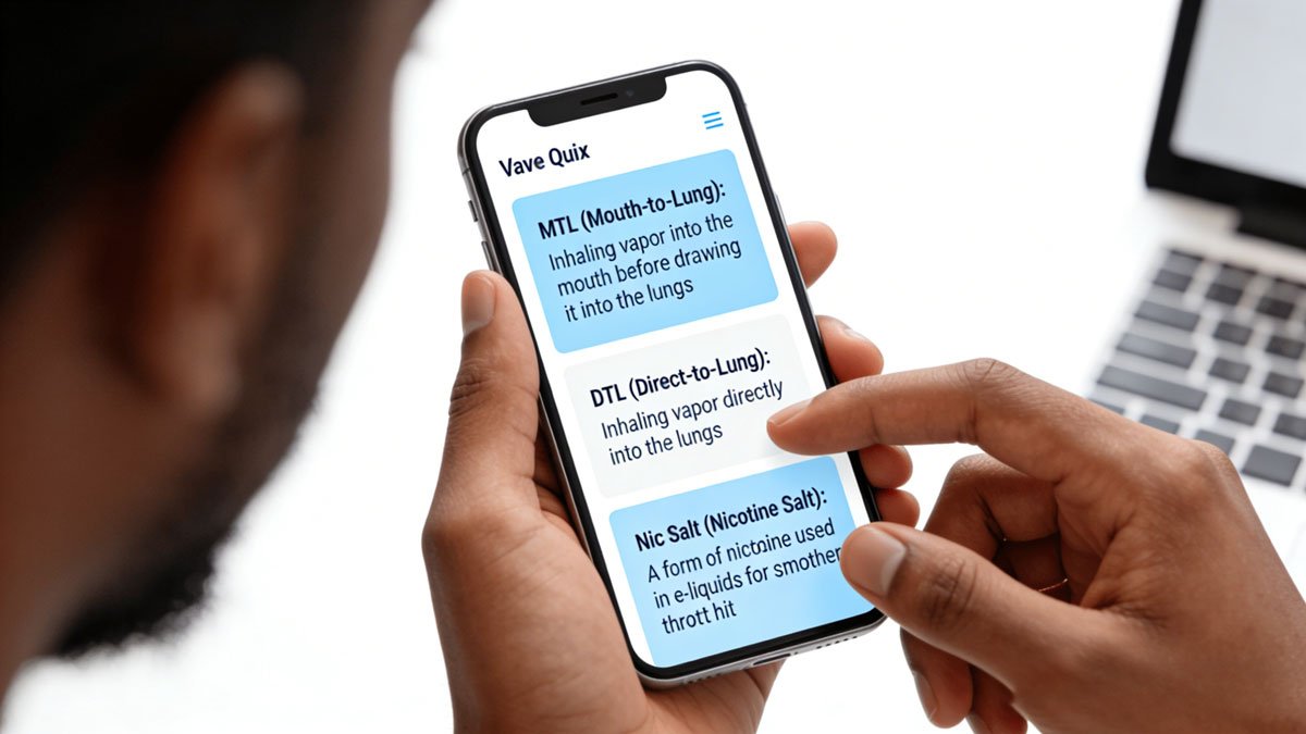 A user reviewing their vape quiz results on a phone, with key terms like MTL, DTL, and Nic Salt clearly defined.