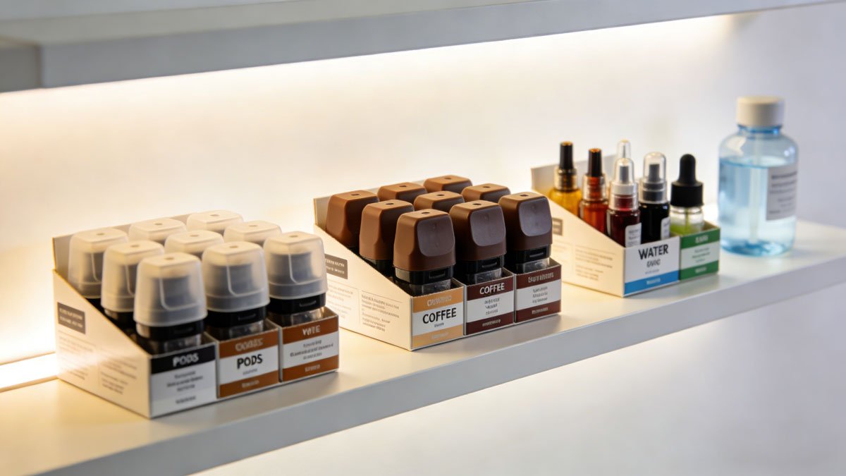A well-lit shelf showcasing various replacement pods for coffee, vaping, and water filtration systems.