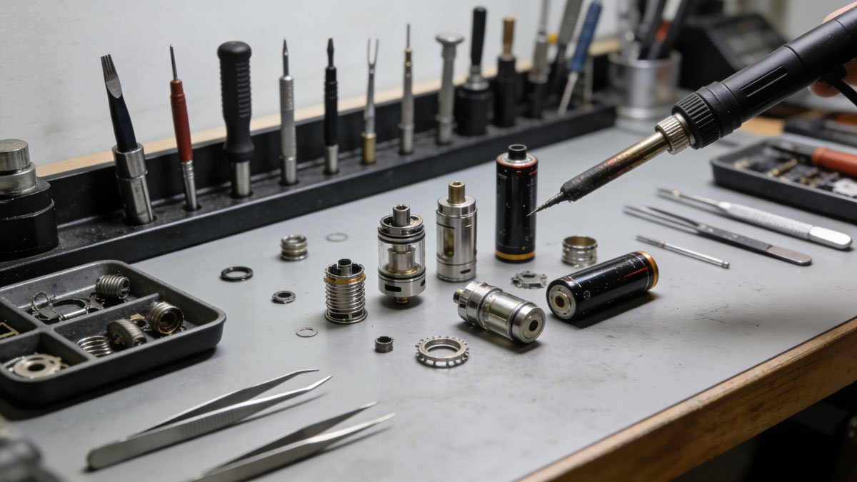 A well-organized vape repair station with various tools and disassembled vape components.