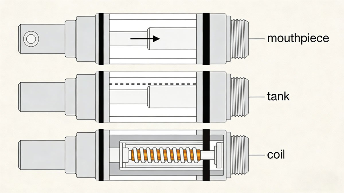 An educational diagram showing the anatomy of a 510 vape cartridge, with labels for the mouthpiece, tank, and coil.