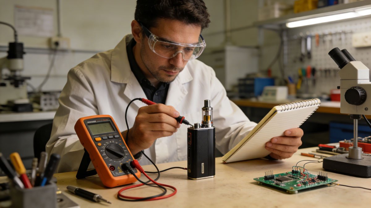 An expert technician carefully testing and rating a new vape mod in a professional workshop.