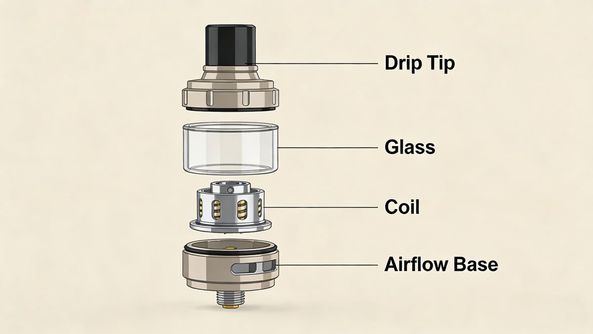 An exploded diagram of a vape tank showing its core components: the drip tip, glass, coil, and airflow base.