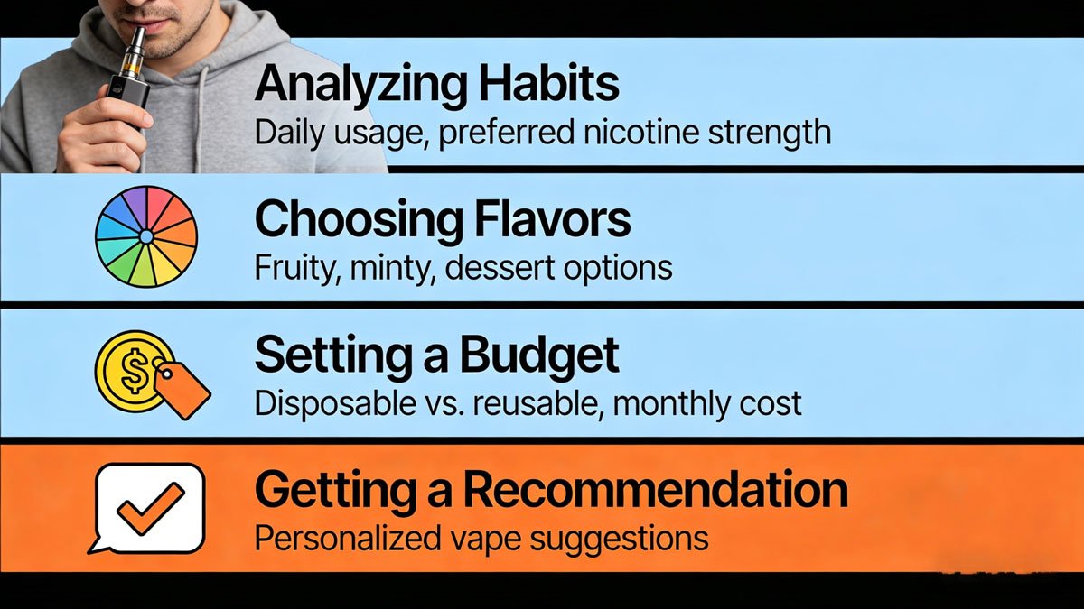 An infographic illustrating the four steps of the vape quiz: analyzing habits, choosing flavors, setting a budget, and getting a recommendation.