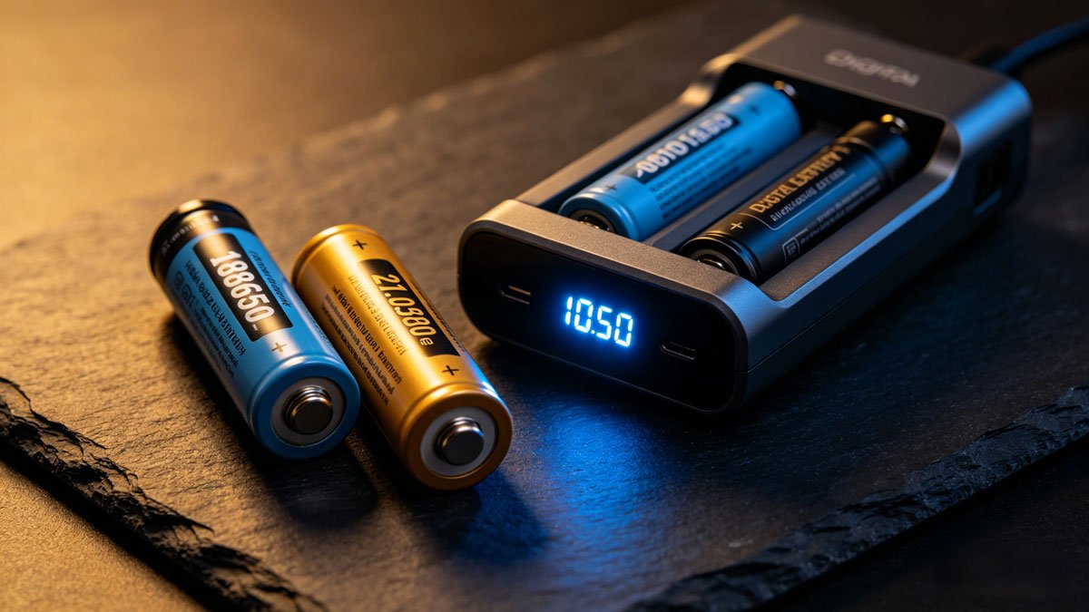 Cinematic lighting, 8k resolution, photorealistic, macro shot of high-drain 18650 and 21700 vape batteries resting beside a sleek digital external battery charger on a dark slate surface, glowing LED charging indicators, high-end commercial product photography, shallow depth of field, sharp focus