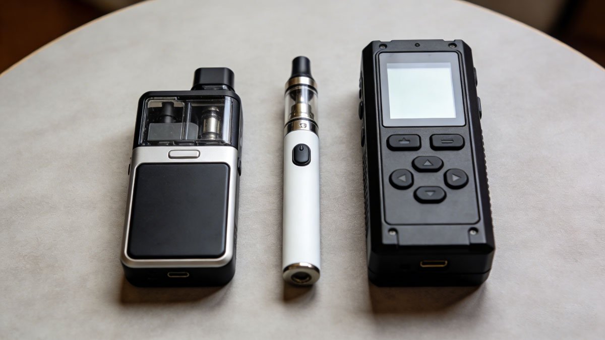 Different types of vape kits, including a pod system, vape pen, and a box mod, laid out on a table for comparison.