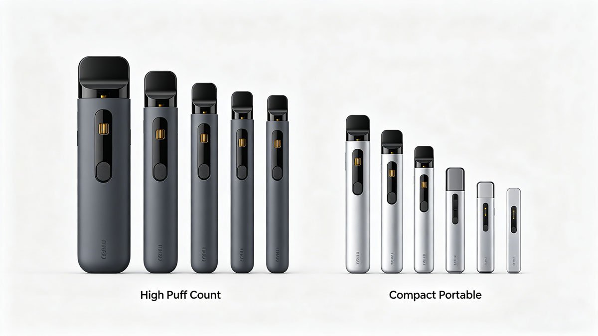 高口数一次性电子烟与小巧便携款并排展示，清楚对比体积、造型和使用定位