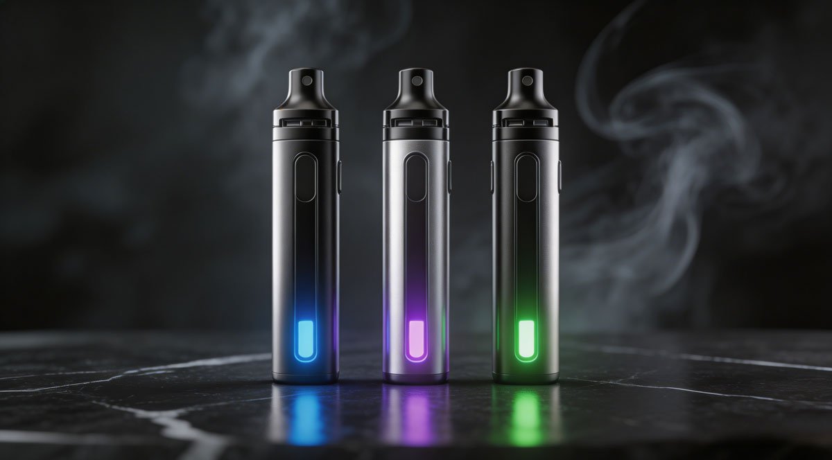 Cinematic lighting, 8k resolution, photorealistic, macro shot of three sleek modern high-puff disposable vapes standing upright on a dark marble table, glowing neon battery indicators, elegant vapor trails in the background, high-end commercial product photography, shallow depth of field, sharp focus on the metallic finish
