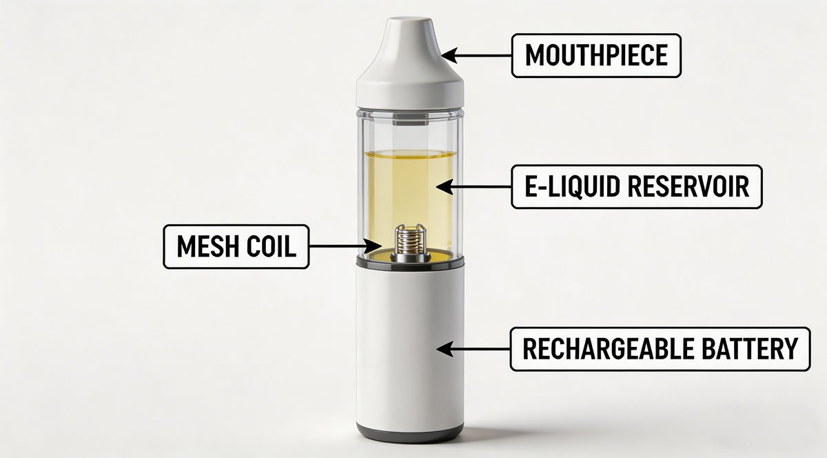 Infographic showing the internal components of a refillable pod vape, highlighting the battery, mesh coil, e-liquid reservoir, and mouthpiece with clear text labels.