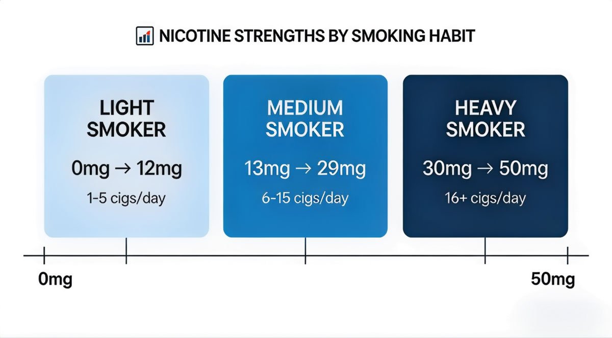 Infographic showing different nicotine strengths ranging from 0mg to 50mg, mapped to light, medium, and heavy smoking habits, clean and modern design.