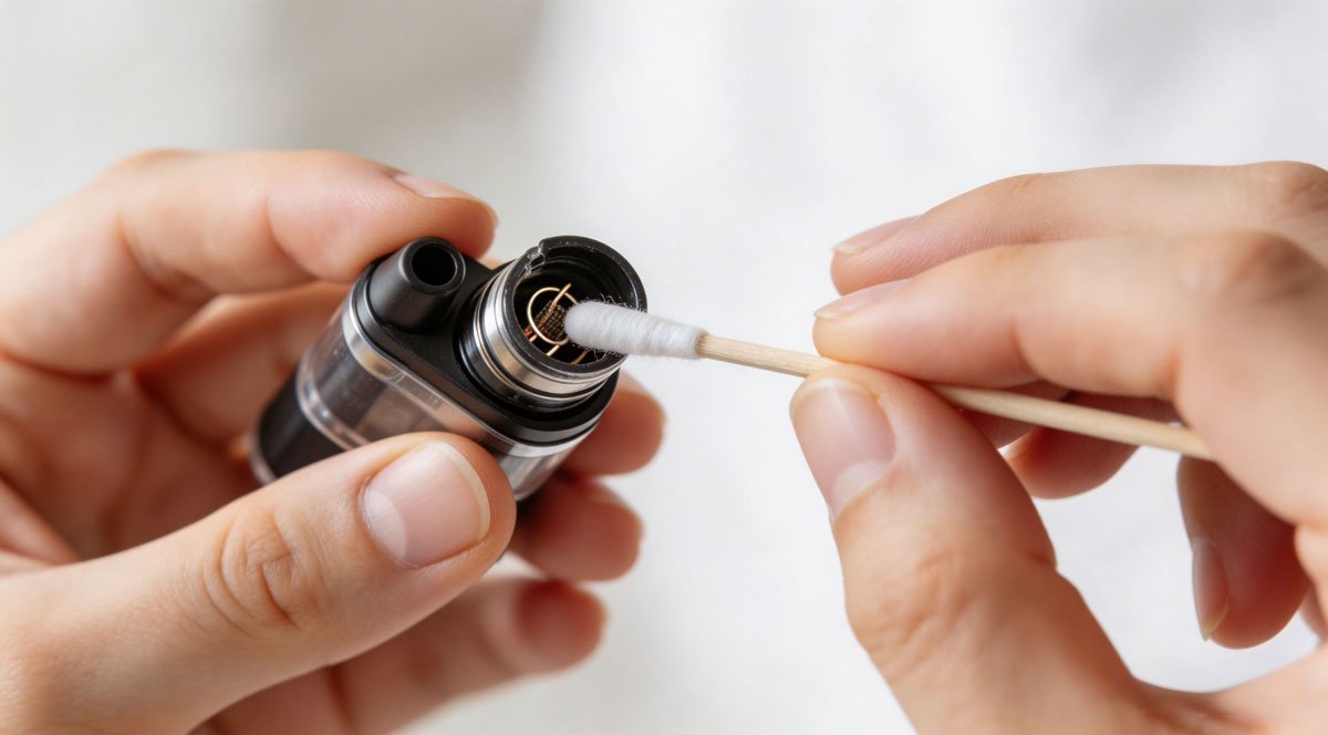 Macro photography of a person carefully cleaning a vape pod system using a cotton swab under bright lighting