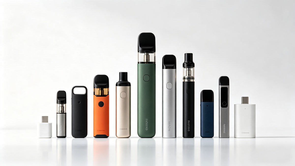 多种一次性电子烟按尺寸、造型和风格整齐摆放在干净的摄影棚背景中，展示产品外观差异和现代感