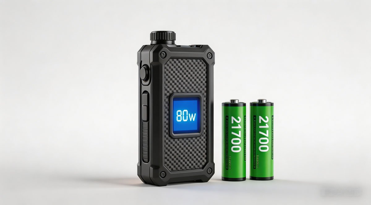 Studio lighting, 8k resolution, photorealistic, high-end commercial photography of a rugged dual 21700 battery box mod vape, carbon fiber side panels, glowing digital display showing wattage, sitting next to two green 21700 lithium-ion batteries, sharp focus, sleek modern aesthetic