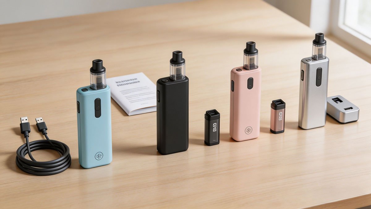 Several modern beginner vape starter kits arranged neatly on a clean wooden table