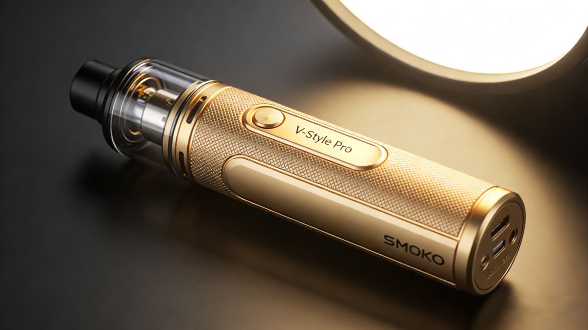 The SMOKO V-Style Pro vape kit shown in a stylish hero shot, highlighting its metallic finish and ergonomic design.