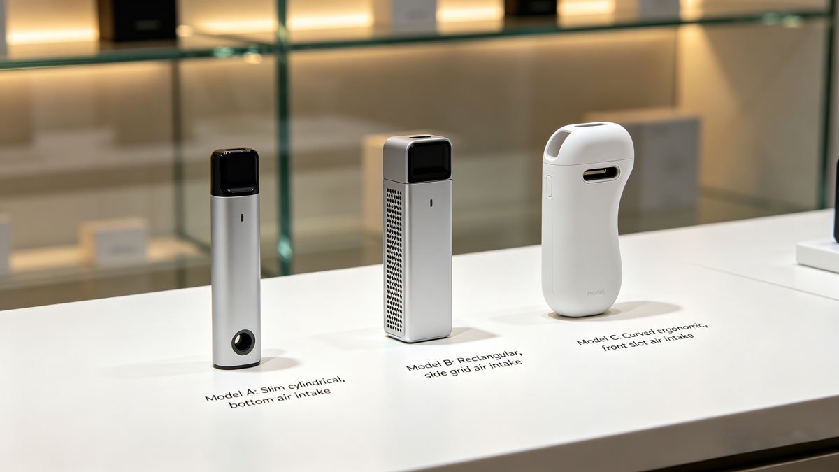 用户在现代零售台前对比不同风格的一次性电子烟，重点观察尺寸、进气结构和外观设计