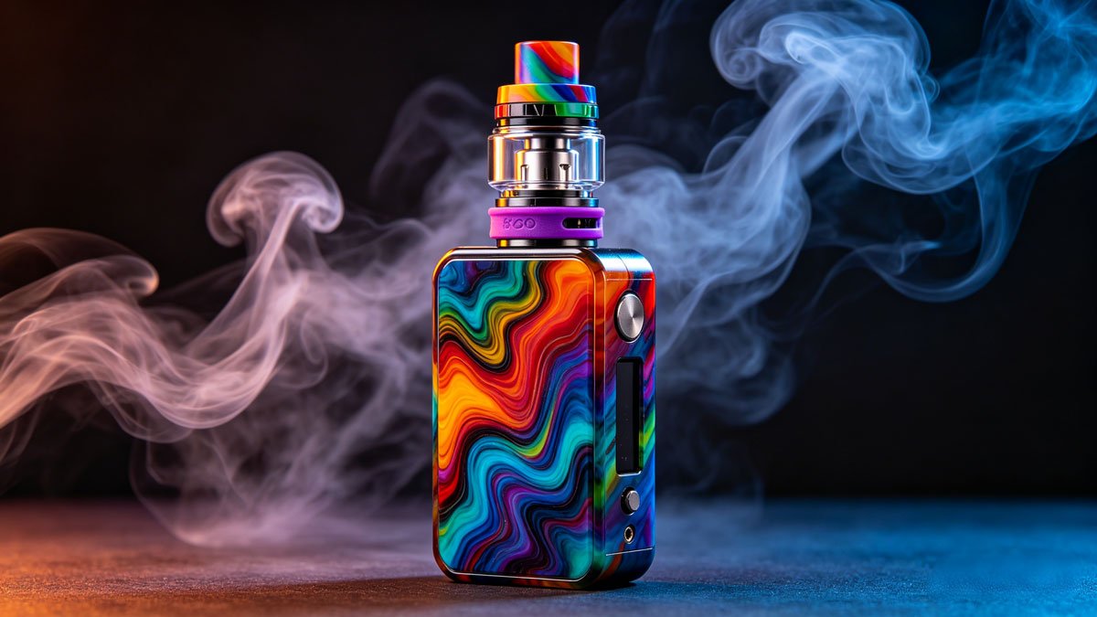 Vibrant studio lighting, 8k resolution, photorealistic close-up of a customized vape box mod featuring swirled custom resin panels, fitted with a colorful 810 drip tip and a protective silicone band, elegant vapor trails in the background, sharp focus, vibrant colors, commercial photography style