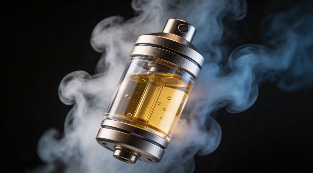 Studio lighting, 8k resolution, photorealistic, macro photography of thick glowing vapor clouds swirling around a premium sub-ohm glass vape tank filled with golden e-liquid, dark background, sharp focus, vibrant liquid details