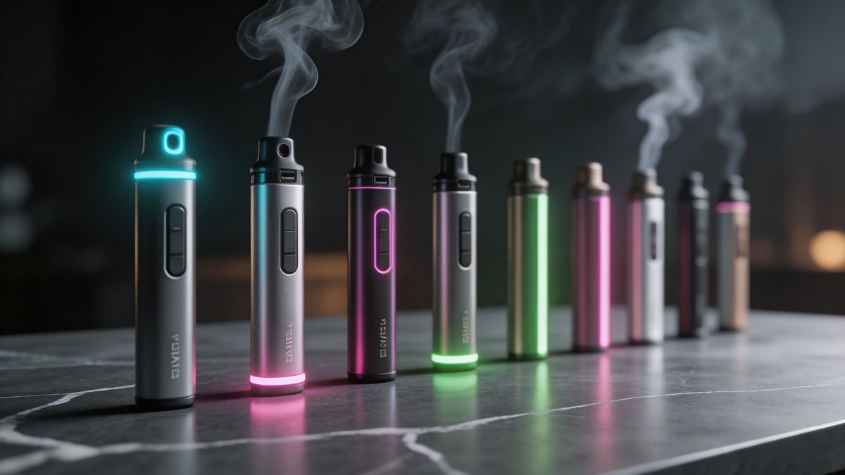 Cinematic lighting, 8k resolution, photorealistic, macro shot of sleek modern disposable vapes lined up on a dark marble table, glowing neon accents, elegant vapor trails in the background, high-end commercial product photography, shallow depth of field, sharp focus