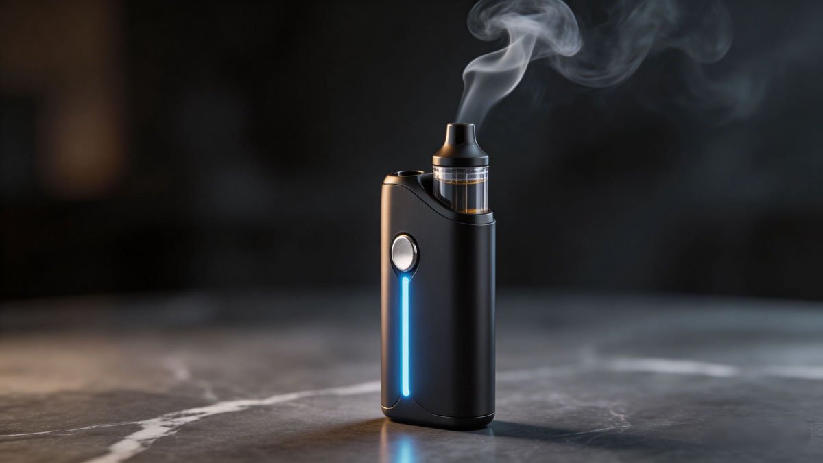 Cinematic lighting, 8k resolution, photorealistic, macro shot of a sleek modern vape pod system on a dark marble table, glowing neon accents, elegant vapor trails in the background, high-end commercial product photography, shallow depth of field, sharp focus