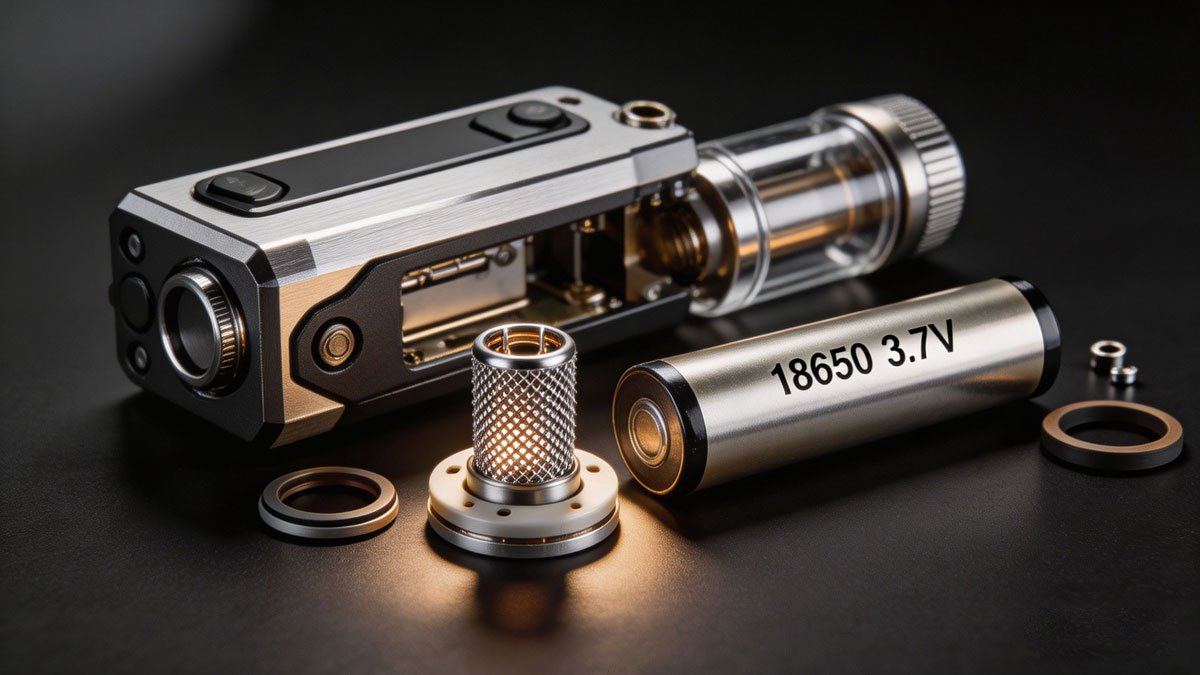 Photorealistic, 8k resolution, dramatic studio lighting of a disassembled high-end vape mod showing the intricate mesh coil and battery components, metallic textures, dark background, sharp macro focus