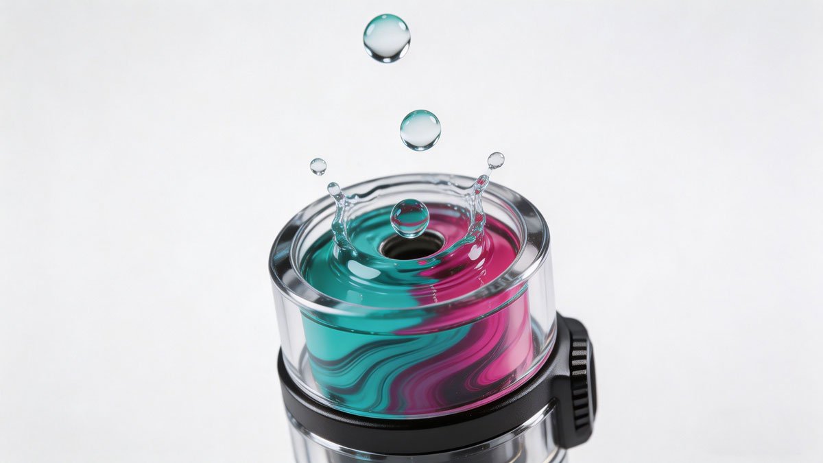 Studio lighting, 8k resolution, photorealistic macro photography of e-liquid drops falling into a modern vape tank, vibrant liquid colors, splashing dynamic motion, ultra-sharp focus, shallow depth of field, clean white background, commercial advertisement style