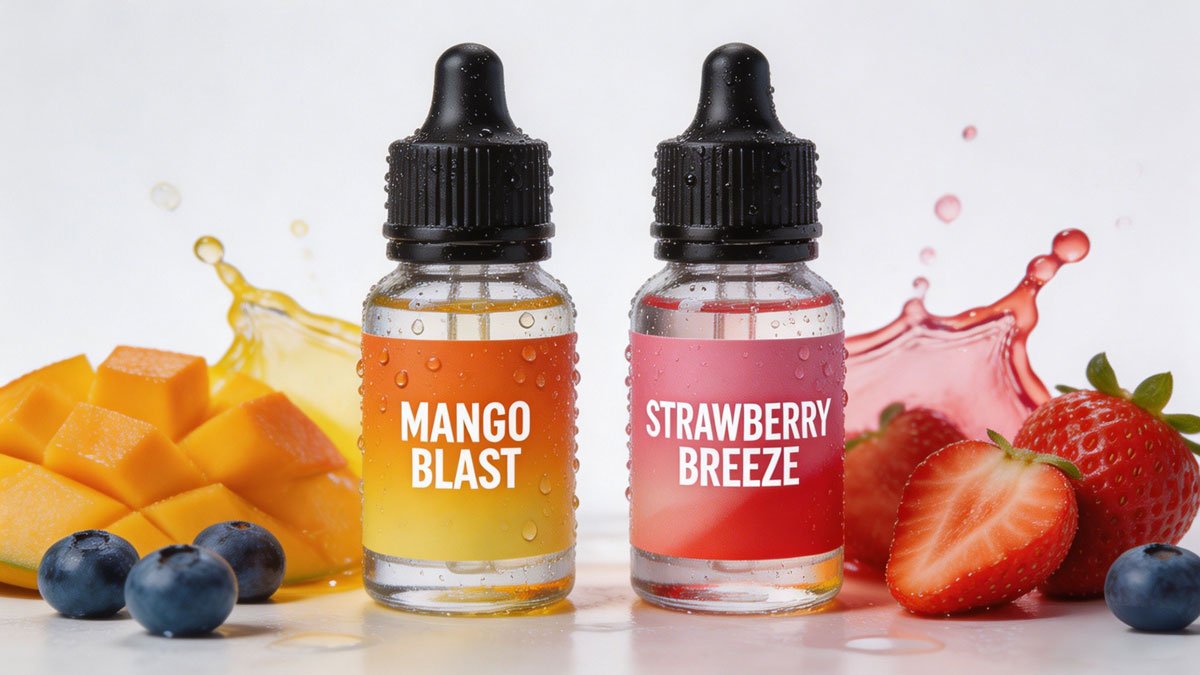 Studio lighting, 8k resolution, photorealistic, macro photography of premium colorful e-liquid bottles with condensation droplets, splashing liquid background, vibrant fruit props, sharp focus, high contrast commercial style